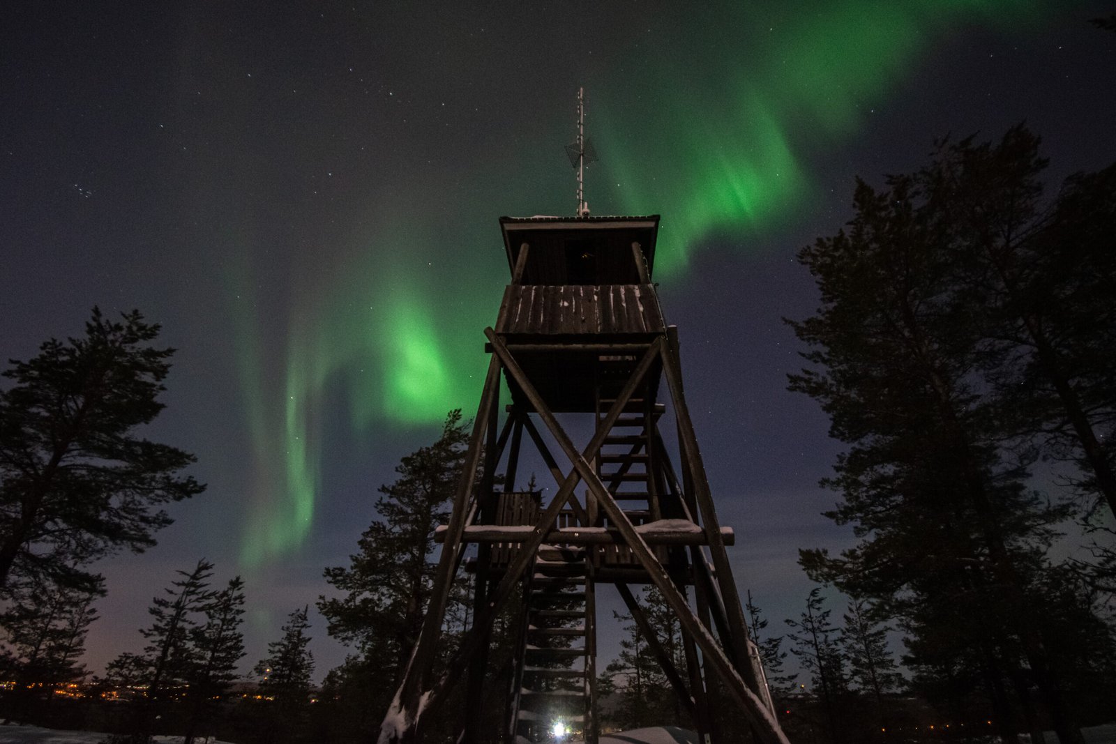 Northern lights in Rovaniemi from an observation tower