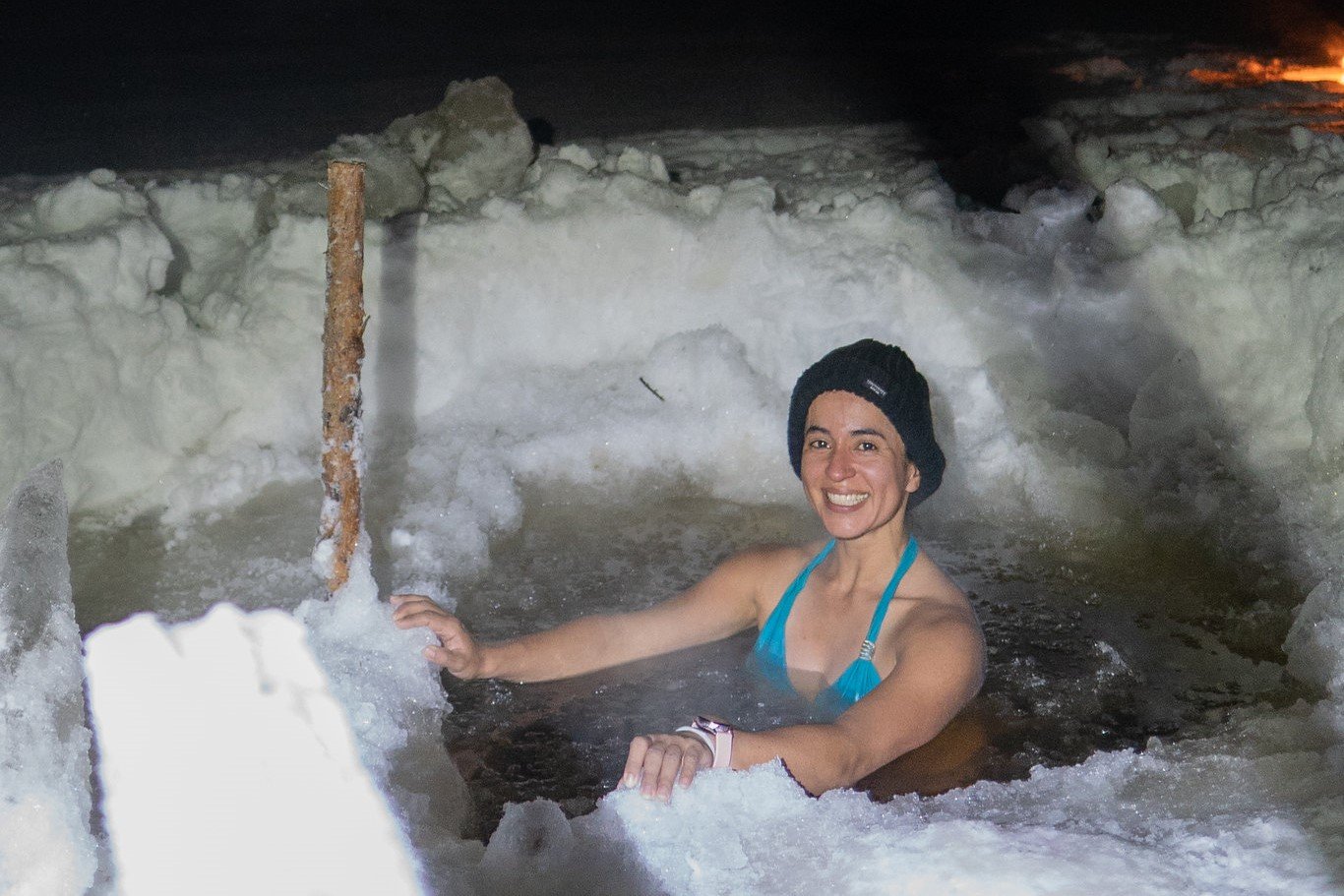 Sauna with ice swimming by night