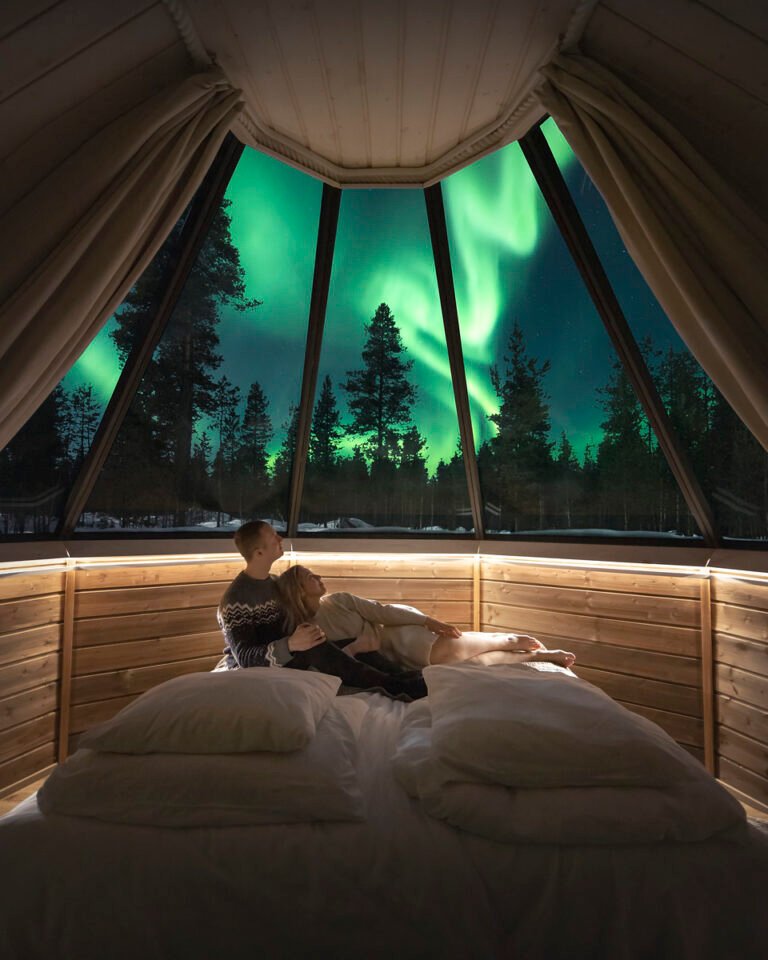 aurora village Ivalo romantic stay lapland Finland glass igloo